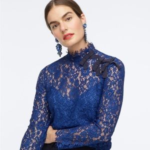 JCrew Blue Lace Mockneck Blouse with Bows Size 10